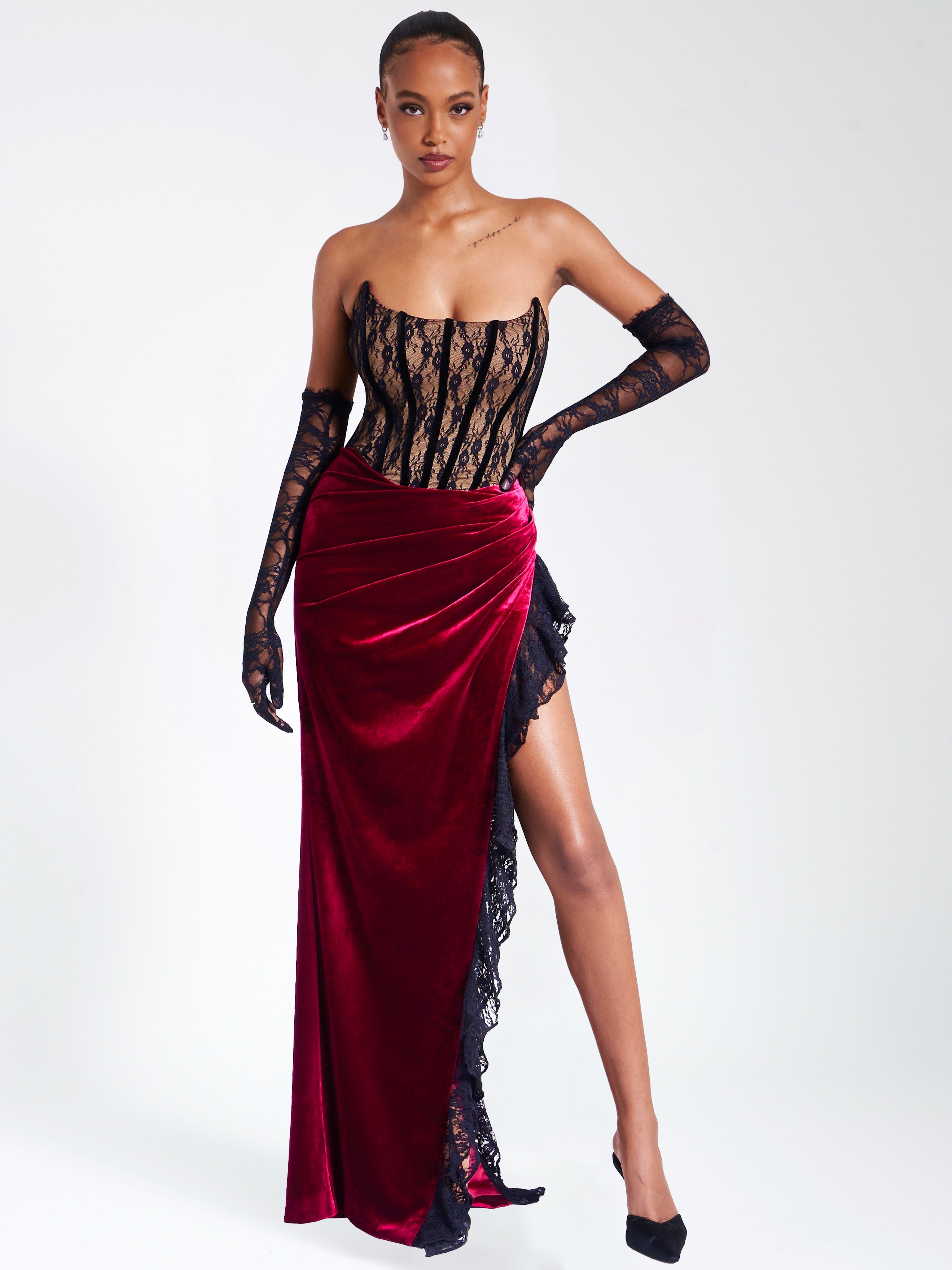 Gaia Burgundy Lace Velvet Graceful Corset Side Slit Dress XXS / US Dresses