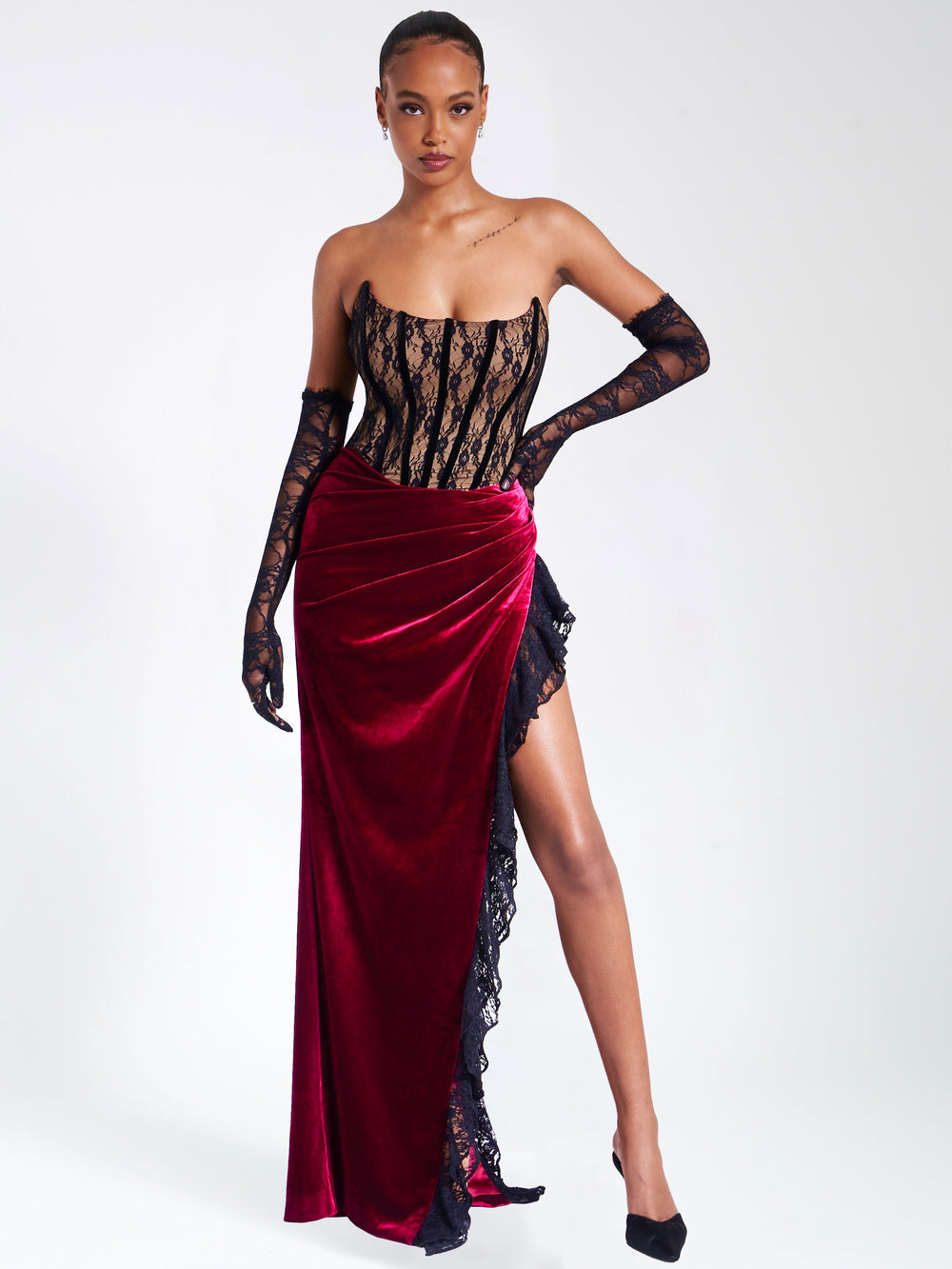 Gaia Burgundy Lace Velvet Graceful Corset Side Slit Dress XXS / US Dresses