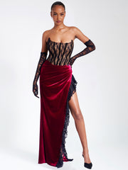 Gaia Burgundy Lace Velvet Graceful Corset Side Slit Dress XXS / US Dresses