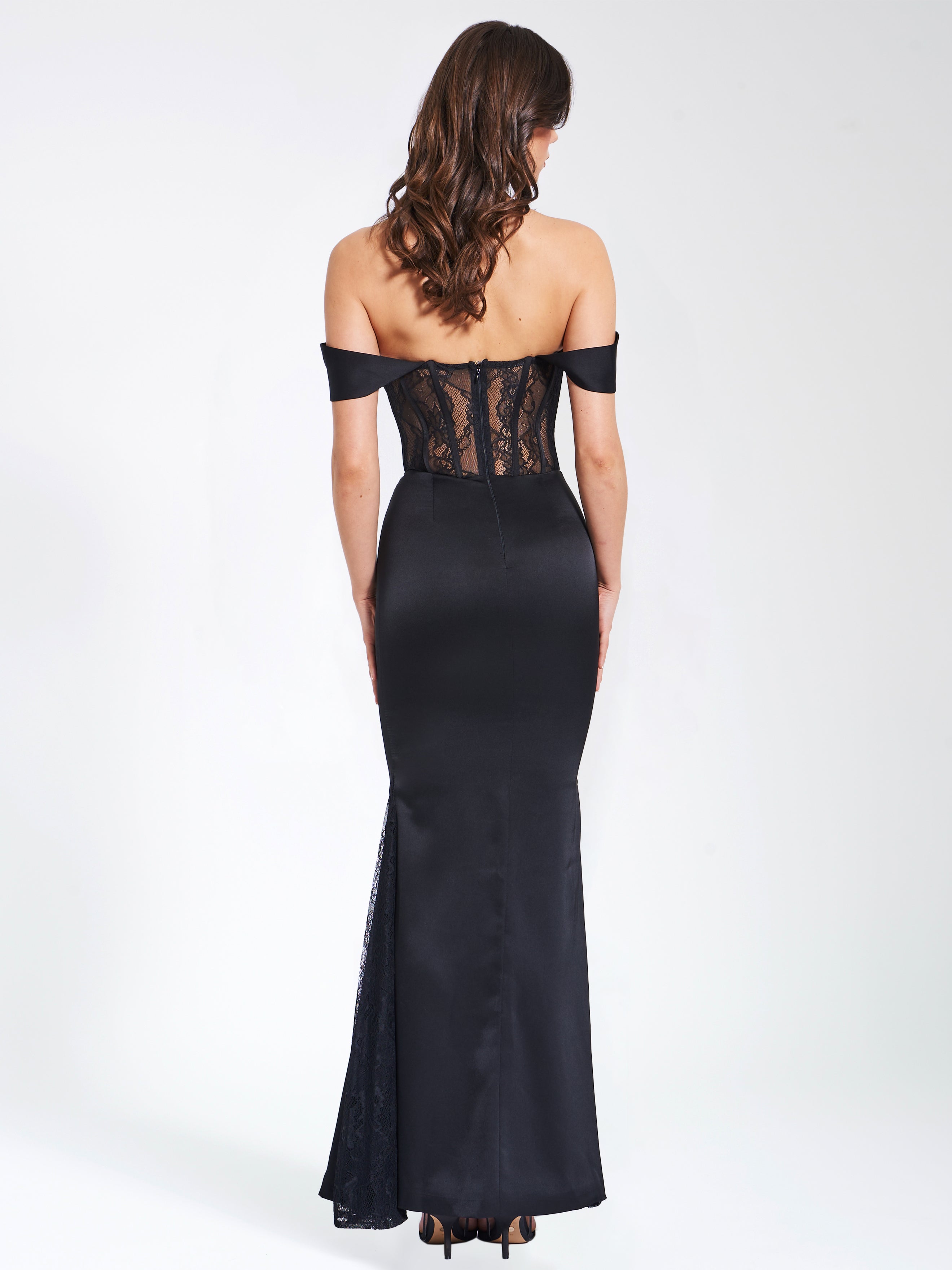 Callista Black Satin Charming Lace Corset Maxi Dress Dresses