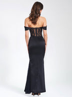 Callista Black Satin Charming Lace Corset Maxi Dress Dresses