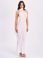 Olena White Burnout Velvet Animal Trendy Print Mesh Halter Neck Maxi Dress Dresses