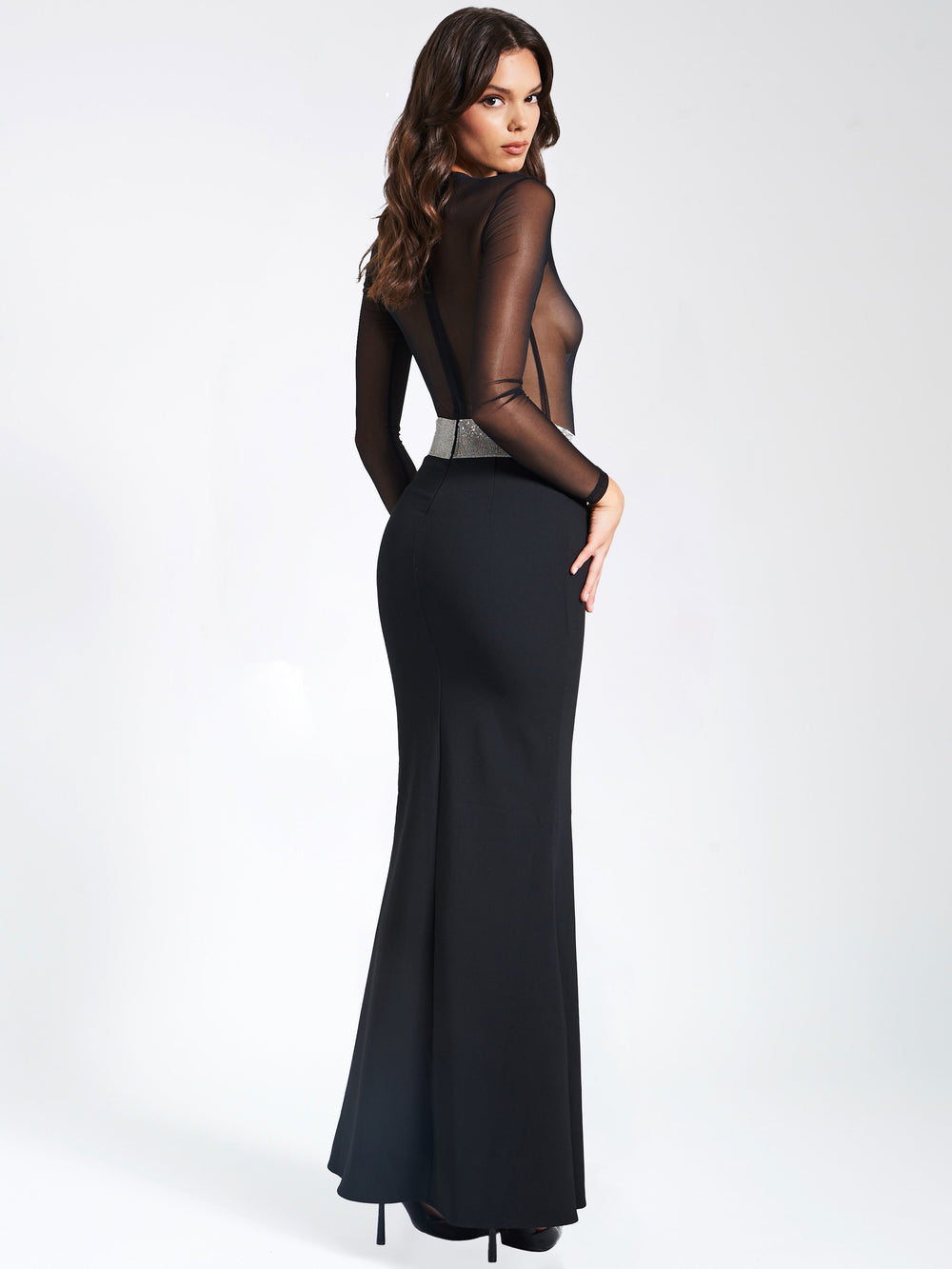 Aggie Black Sheer Maxi Graceful Dress With Crystal Waist Trim Dresses