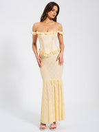 Ersilia Pale Yellow Satin Lace Trendy Peplum Corset Off Shoulder Maxi Dress S / US 4 6 Dresses