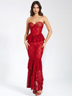 Quennell Burgundy Lace Charming Corset Maxi Dress S / US 4 6 Dresses