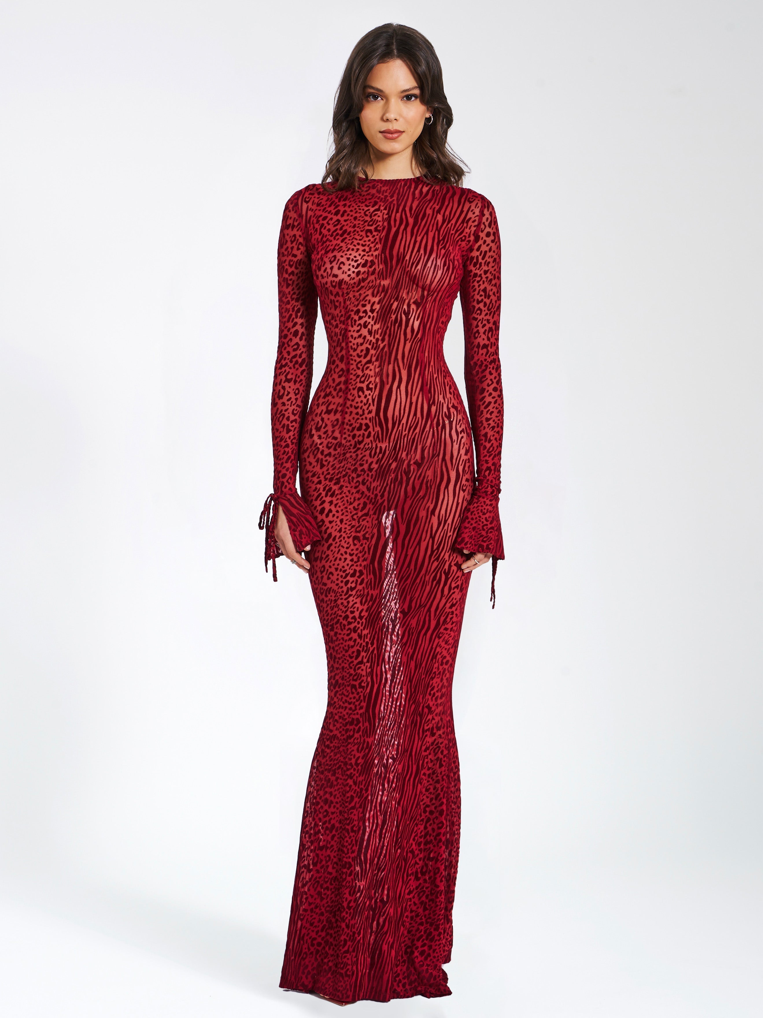 Waylynn Burgundy Burnout Velvet Graceful Detail Mesh Backless Maxi Dress XXS / US Dresses