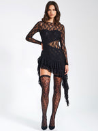 Omaira Black Lace Charming Long Sleeve Ruffle Dress XXS / US Dresses