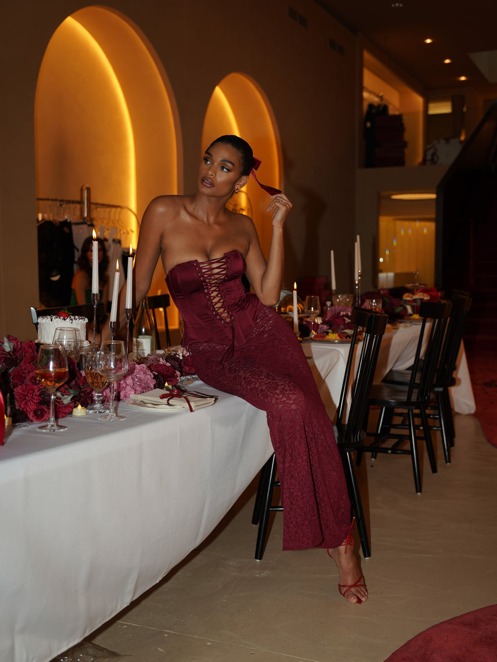 Lucinda Burgundy Satin Charming Lace Corset Maxi Dress S / US 4 6 Dresses