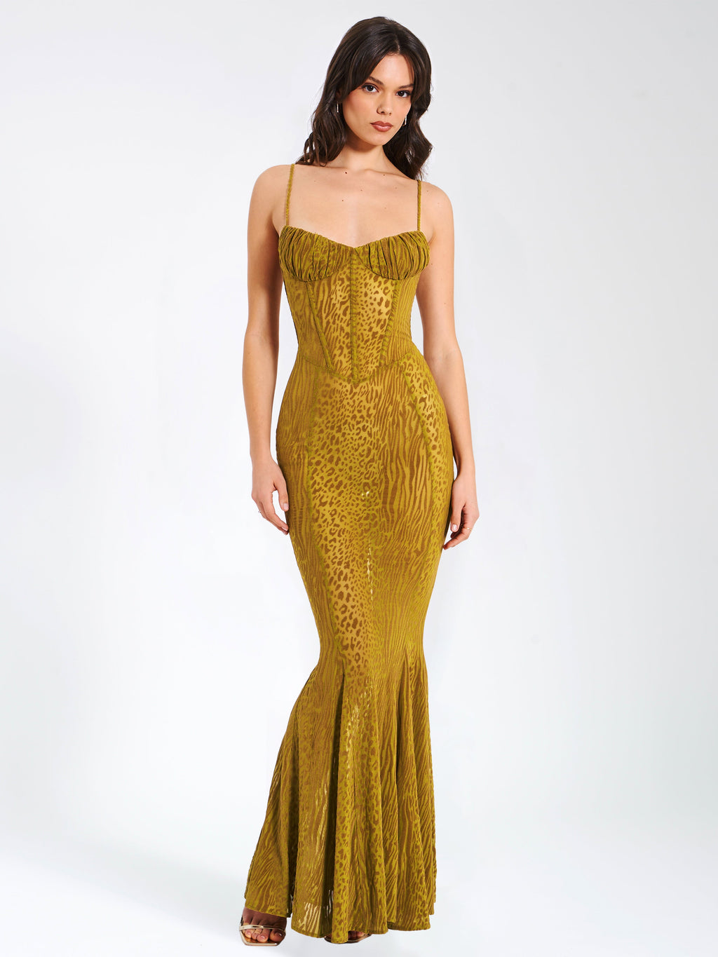 Ulani Gold Burnout Velvet Graceful Detail Mesh Maxi Dress M / US 6 8 Dresses