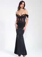 Callista Black Satin Charming Lace Corset Maxi Dress M / US 6 8 Dresses