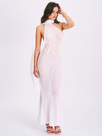 Olena White Burnout Velvet Animal Trendy Print Mesh Halter Neck Maxi Dress Dresses