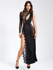 Weslyn Black Satin Charming Lace High Slit Dress XXS / US Dresses