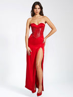 Kadesha Red Crystal High Graceful Slit Satin Corset Gown M / US 6 8 Dresses