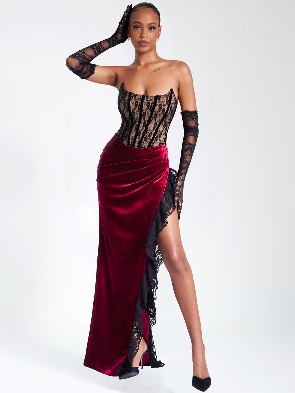 Gaia Burgundy Lace Velvet Graceful Corset Side Slit Dress M / US 6 8 Dresses