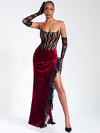 Gaia Burgundy Lace Velvet Graceful Corset Side Slit Dress M / US 6 8 Dresses