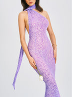 Olena Purple Burnout Velvet Animal Trendy Print Mesh Halter Neck Maxi Dress L / US 10 12 Dresses