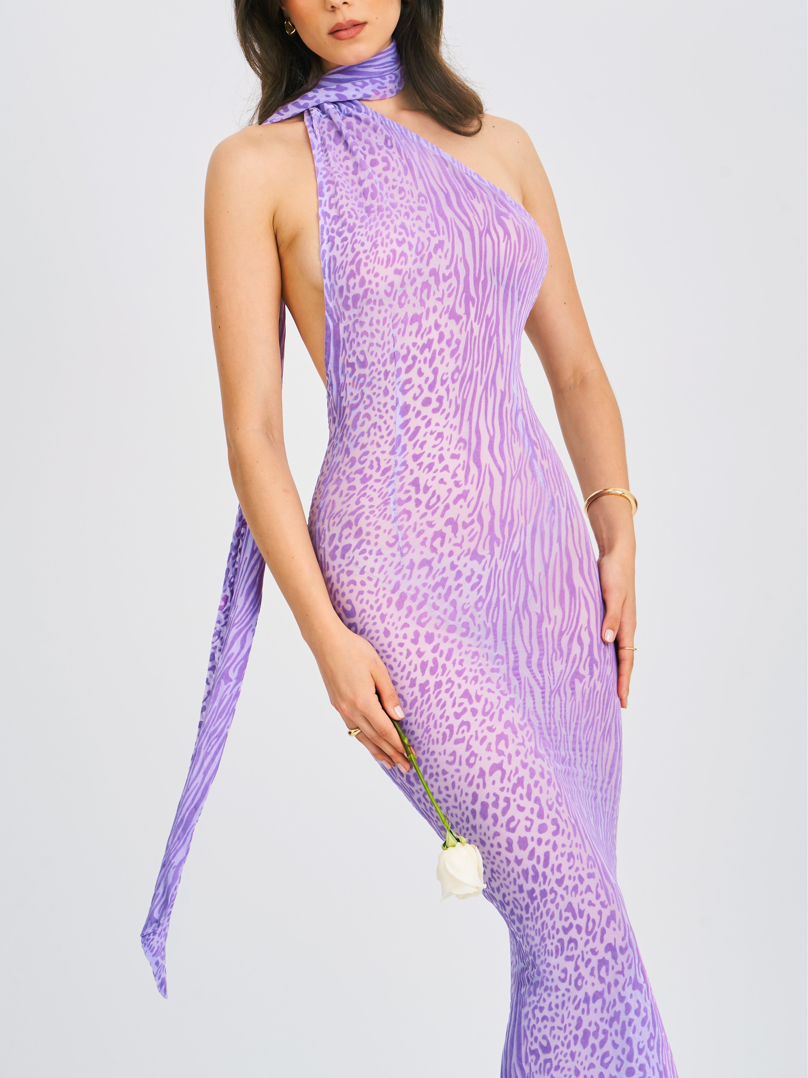 Olena Purple Burnout Velvet Animal Trendy Print Mesh Halter Neck Maxi Dress L / US 10 12 Dresses