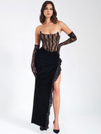 Gaia Black Lace Velvet Graceful Corset Side Slit Dress Dresses