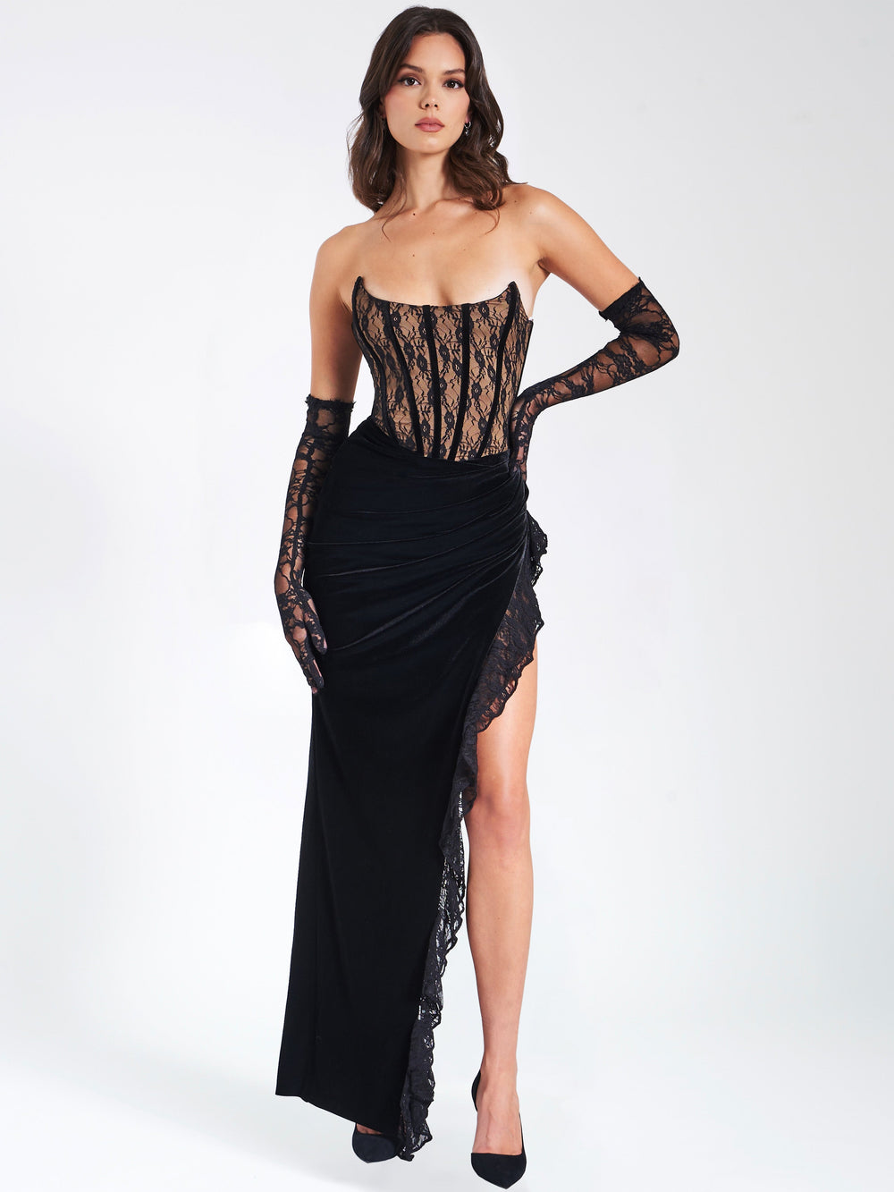 Gaia Black Lace Velvet Graceful Corset Side Slit Dress Dresses