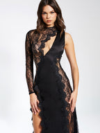 Weslyn Black Satin Charming Lace High Slit Dress XS / US 2 Dresses