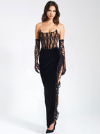 Gaia Black Lace Velvet Graceful Corset Side Slit Dress S / US 4 6 Dresses