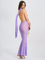 Olena Purple Burnout Velvet Animal Trendy Print Mesh Halter Neck Maxi Dress Dresses