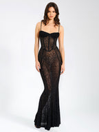 Ulani Black Burnout Velvet Graceful Detail Mesh Maxi Dress XXS / US Dresses