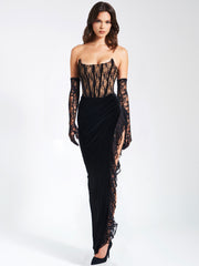 Gaia Black Lace Velvet Graceful Corset Side Slit Dress S / US 4 6 Dresses