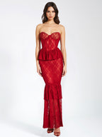 Quennell Burgundy Lace Charming Corset Maxi Dress L / US 10 12 Dresses