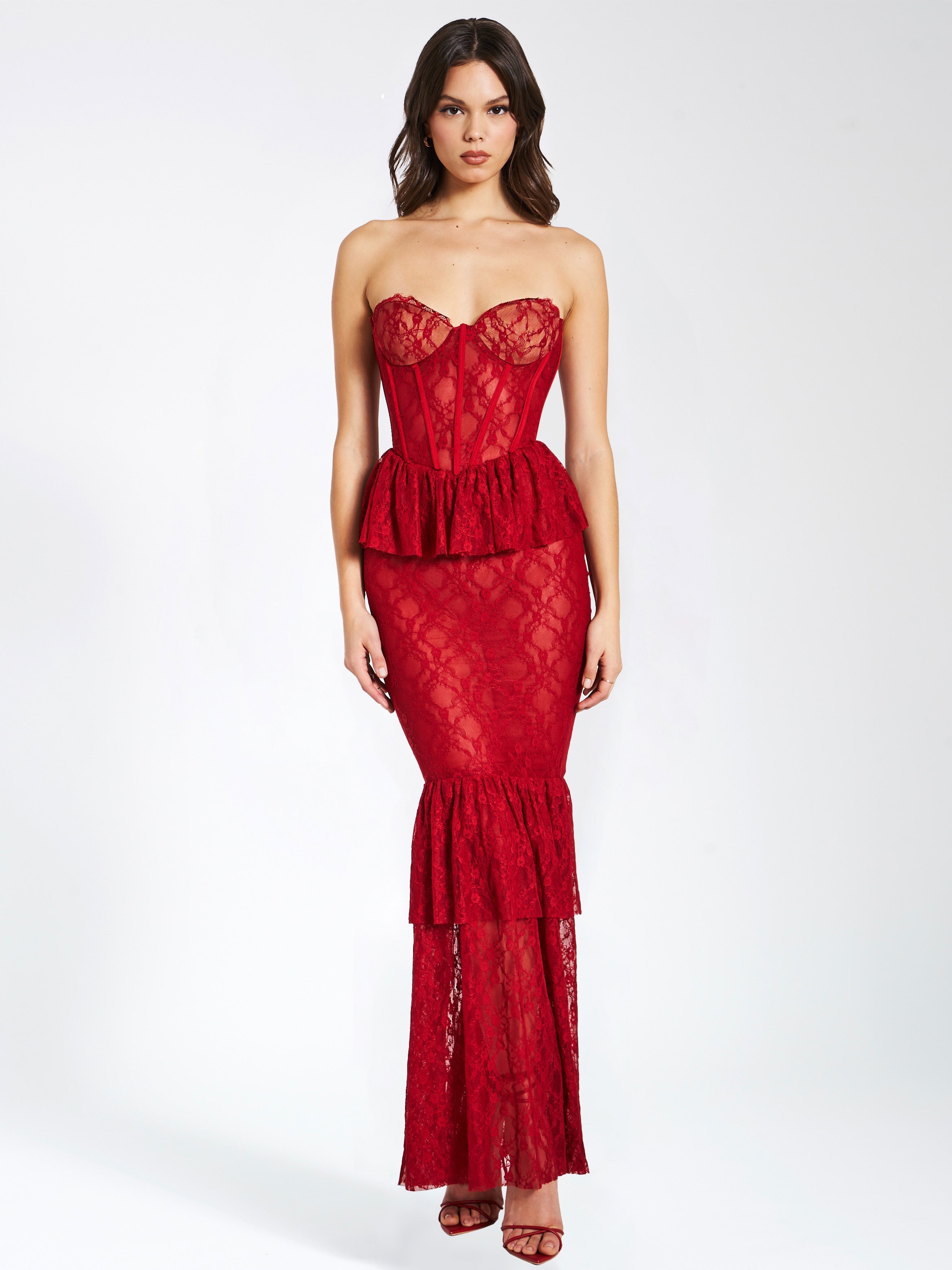 Quennell Burgundy Lace Charming Corset Maxi Dress L / US 10 12 Dresses