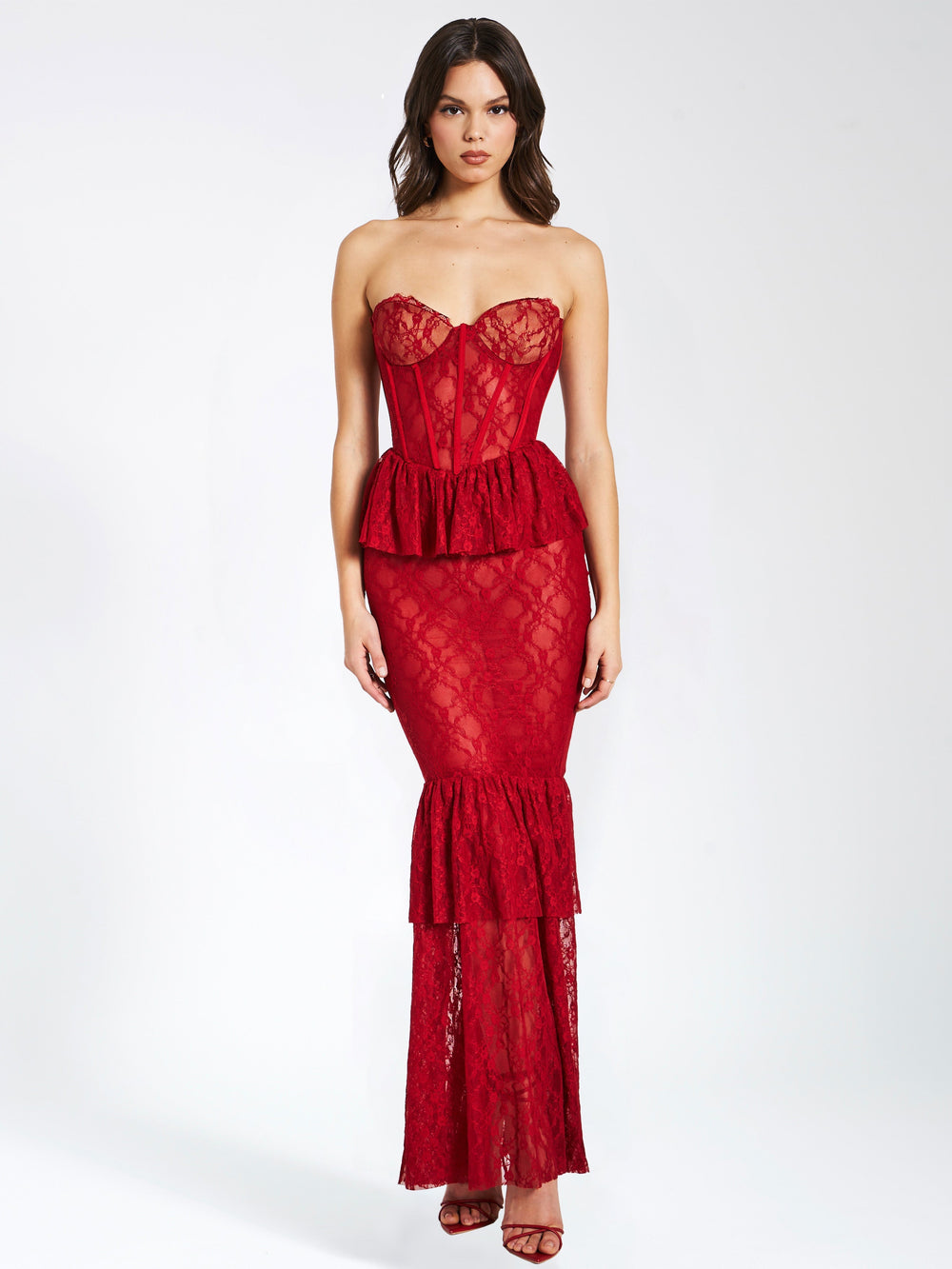 Quennell Burgundy Lace Charming Corset Maxi Dress L / US 10 12 Dresses