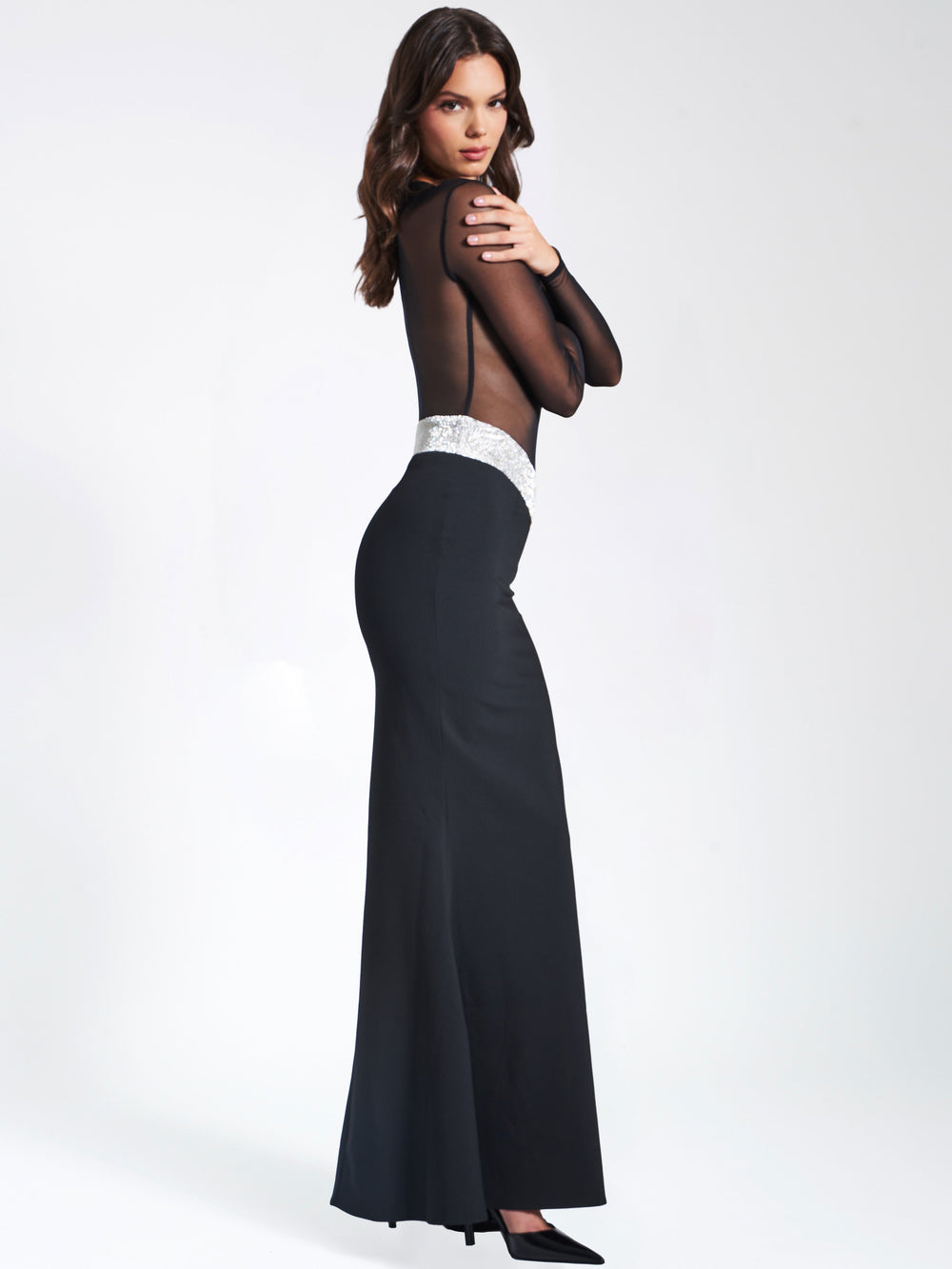 Aggie Black Sheer Maxi Graceful Dress With Crystal Waist Trim XL / US 12 14 Dresses