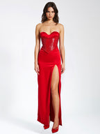 Kadesha Red Crystal High Graceful Slit Satin Corset Gown XXS / US Dresses