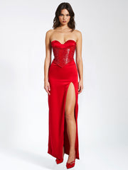Kadesha Red Crystal High Graceful Slit Satin Corset Gown XXS / US Dresses