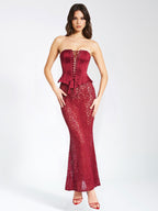 Lucinda Burgundy Satin Charming Lace Corset Maxi Dress M / US 6 8 Dresses