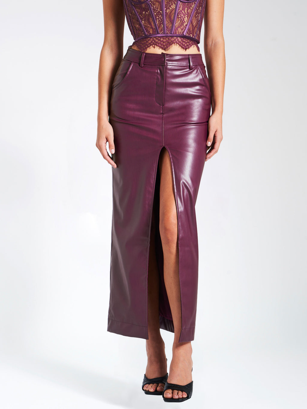 Noya Purple Front Charming Slit Vegan Leather Skirt S / US 4 6 Bottoms