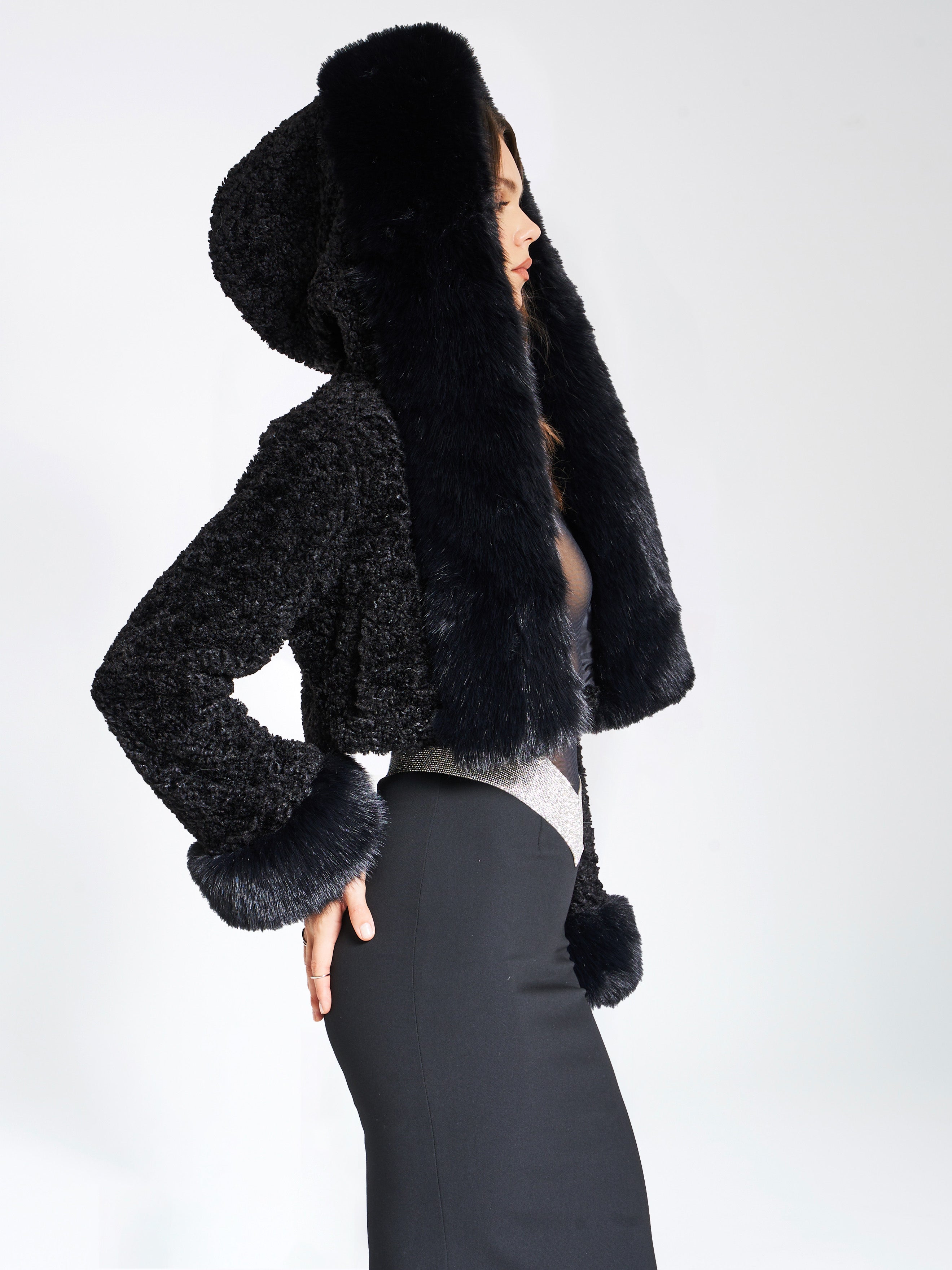 Kali Black Cropped Faux Graceful Fur Jacket With Hood Secondary image