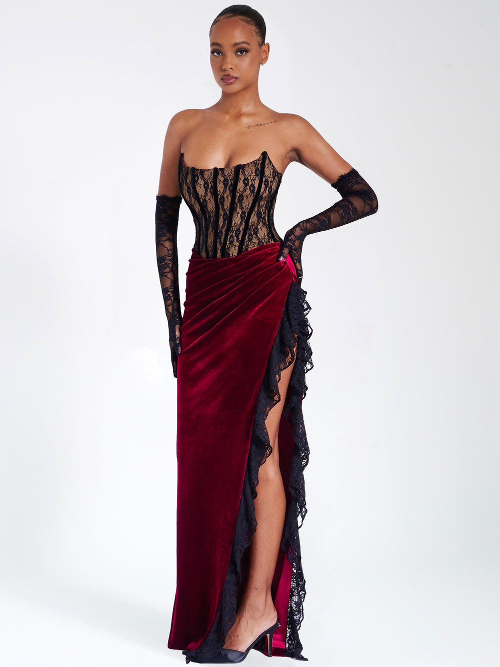Gaia Burgundy Lace Velvet Graceful Corset Side Slit Dress S / US 4 6 Dresses