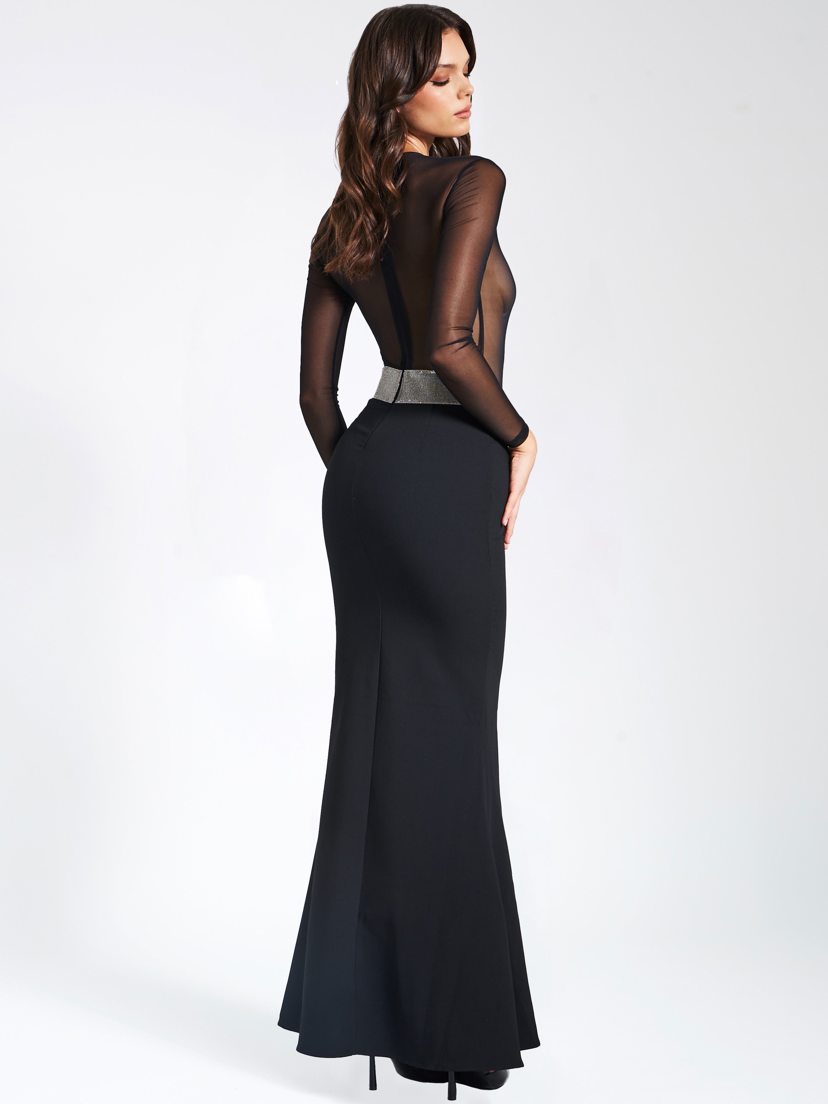 Aggie Black Sheer Maxi Graceful Dress With Crystal Waist Trim Dresses