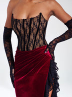 Gaia Burgundy Lace Velvet Graceful Corset Side Slit Dress L / US 10 12 Dresses
