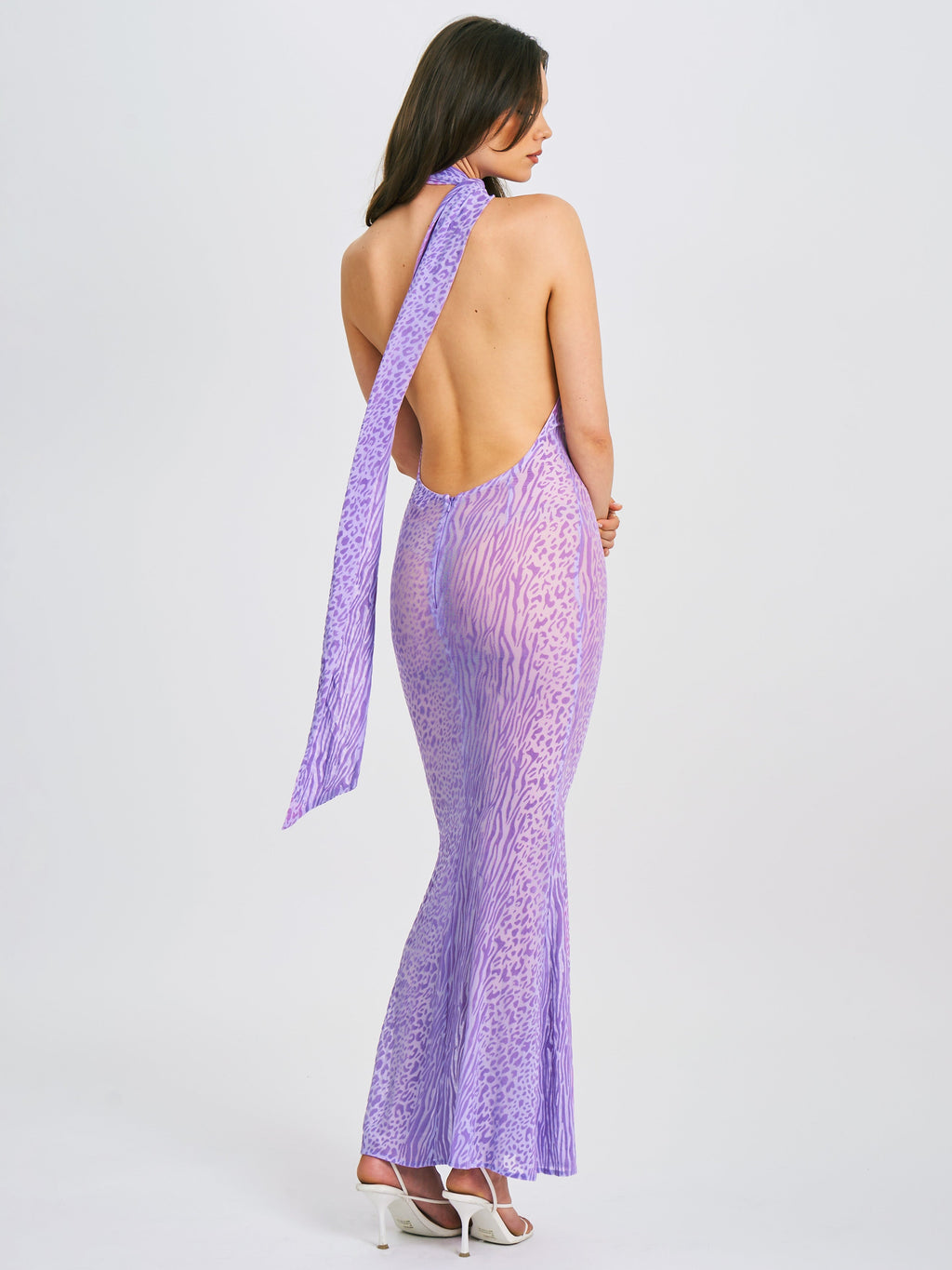 Olena Purple Burnout Velvet Animal Trendy Print Mesh Halter Neck Maxi Dress Dresses