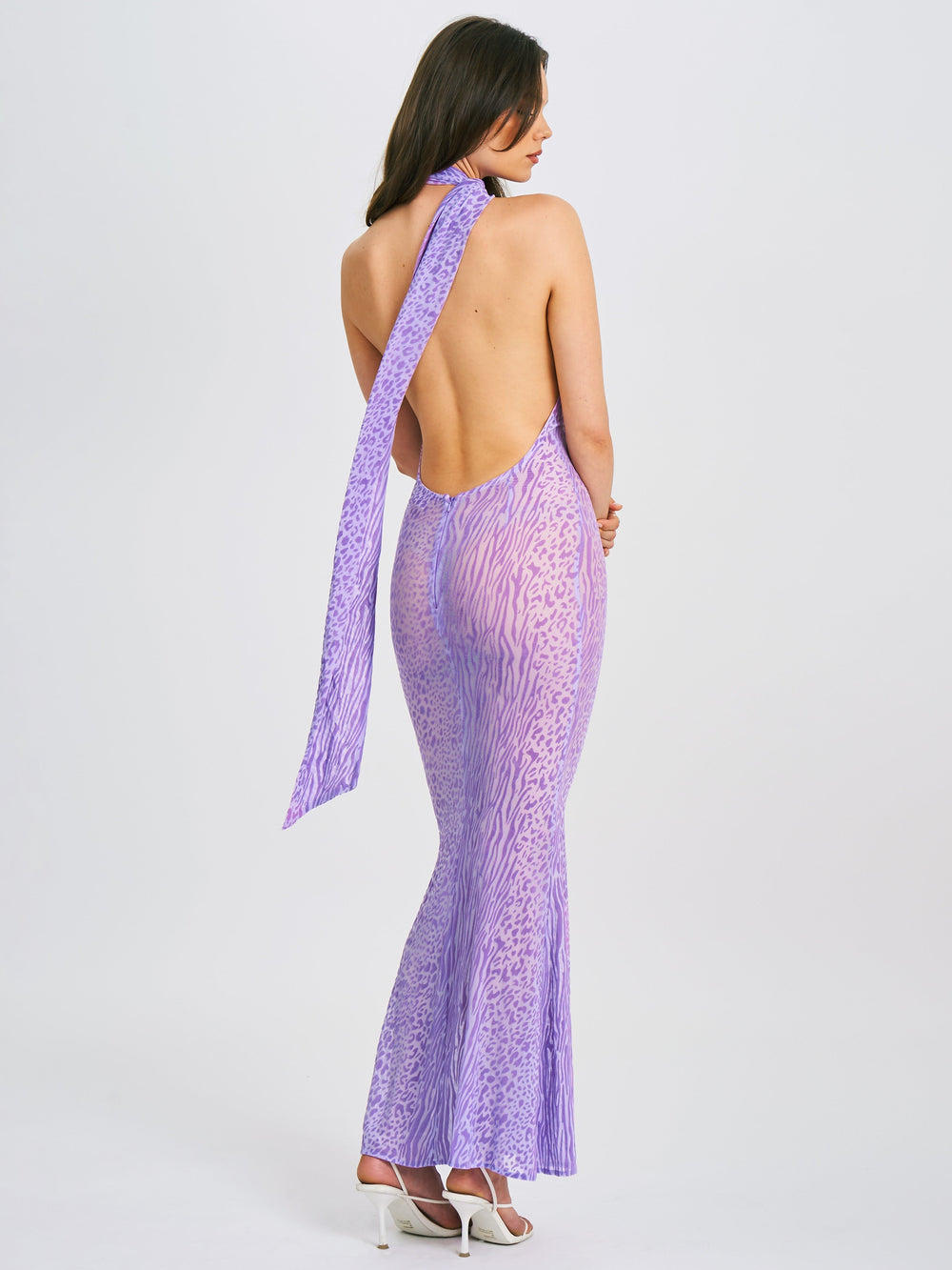 Olena Purple Burnout Velvet Animal Trendy Print Mesh Halter Neck Maxi Dress Dresses