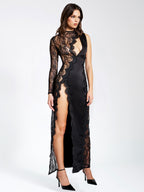 Weslyn Black Satin Charming Lace High Slit Dress Dresses