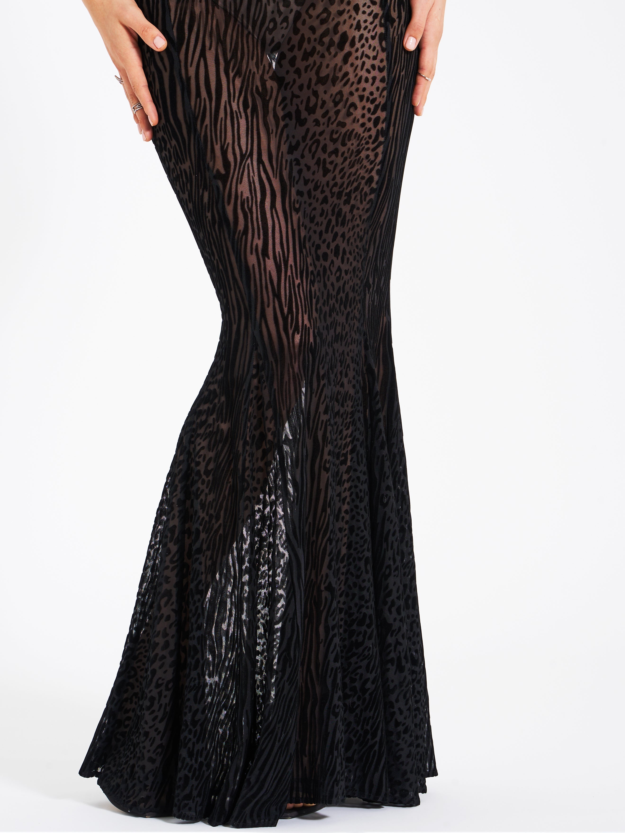 Ulani Black Burnout Velvet Graceful Detail Mesh Maxi Dress Dresses