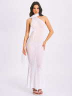 Olena White Burnout Velvet Animal Trendy Print Mesh Halter Neck Maxi Dress Dresses