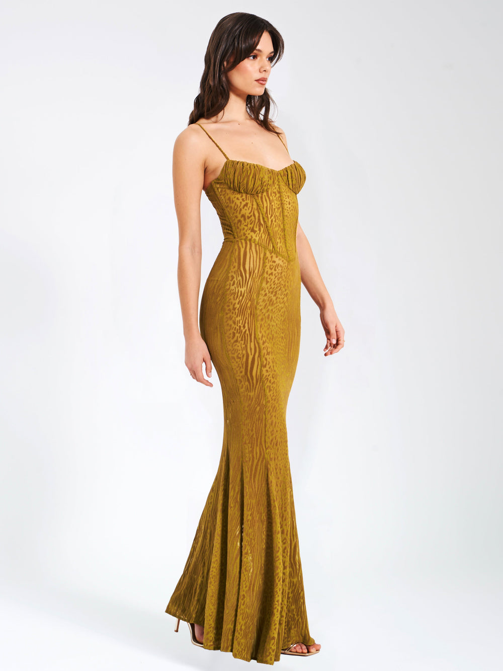 Ulani Gold Burnout Velvet Graceful Detail Mesh Maxi Dress Dresses