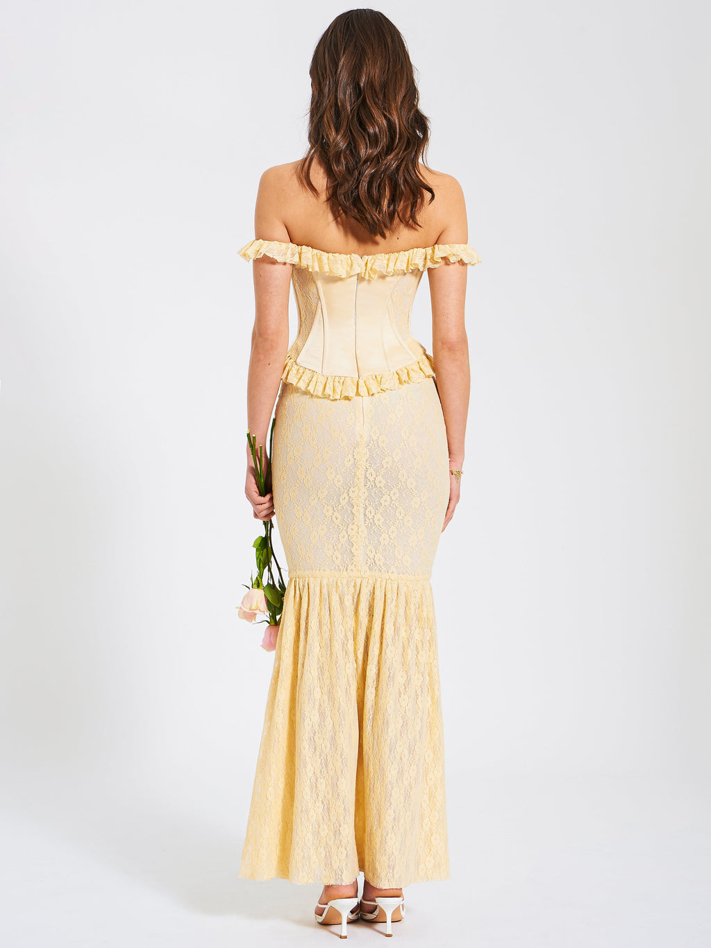 Ersilia Pale Yellow Satin Lace Trendy Peplum Corset Off Shoulder Maxi Dress Dresses