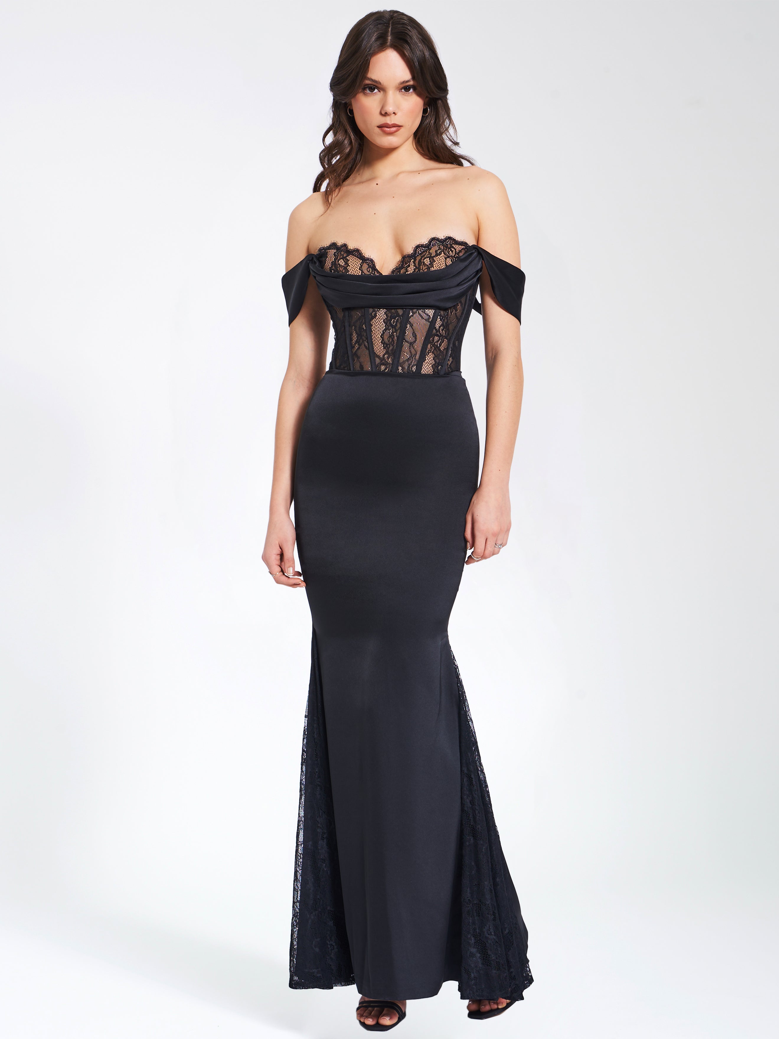 Callista Black Satin Charming Lace Corset Maxi Dress L / US 10 12 Dresses