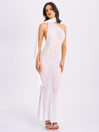 Olena White Burnout Velvet Animal Trendy Print Mesh Halter Neck Maxi Dress Dresses