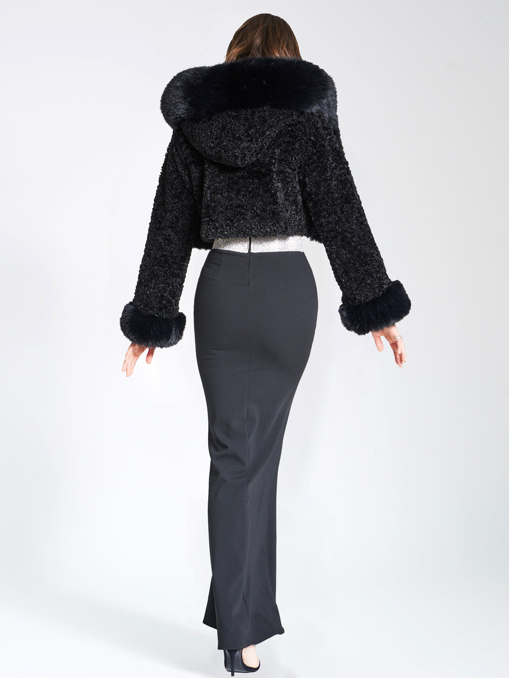 Kali Black Cropped Faux Graceful Fur Jacket With Hood Outwear